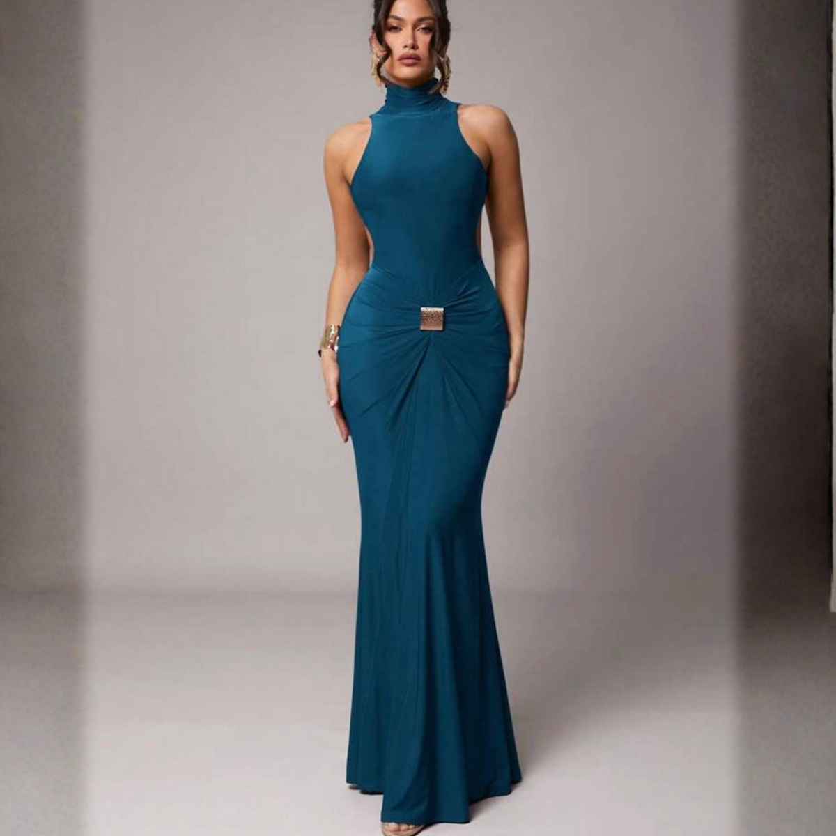 Teal Blue High Neck Backless Maxi Dress