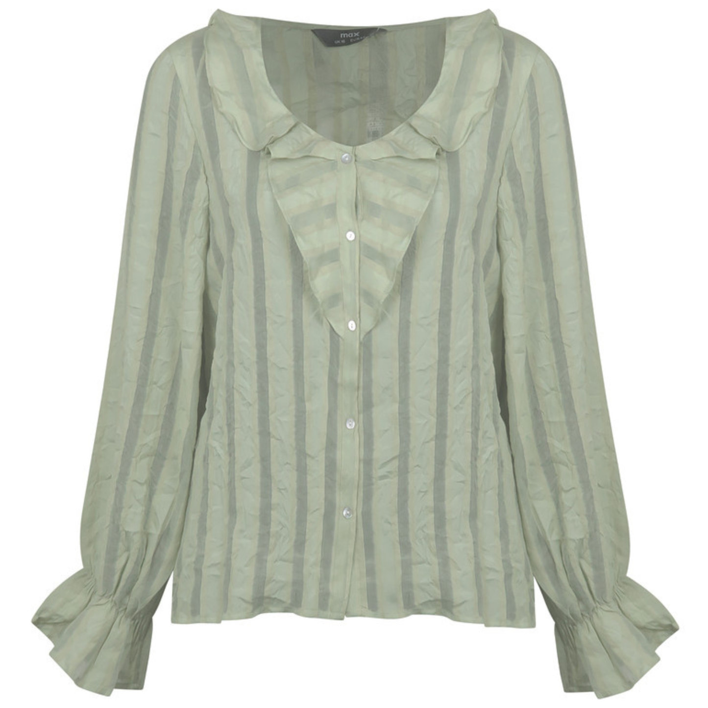 Green Striped Long Sleeve Ruffle Front Top