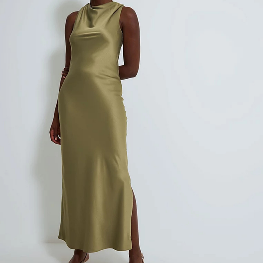 Khaki Satin Maxi Dress