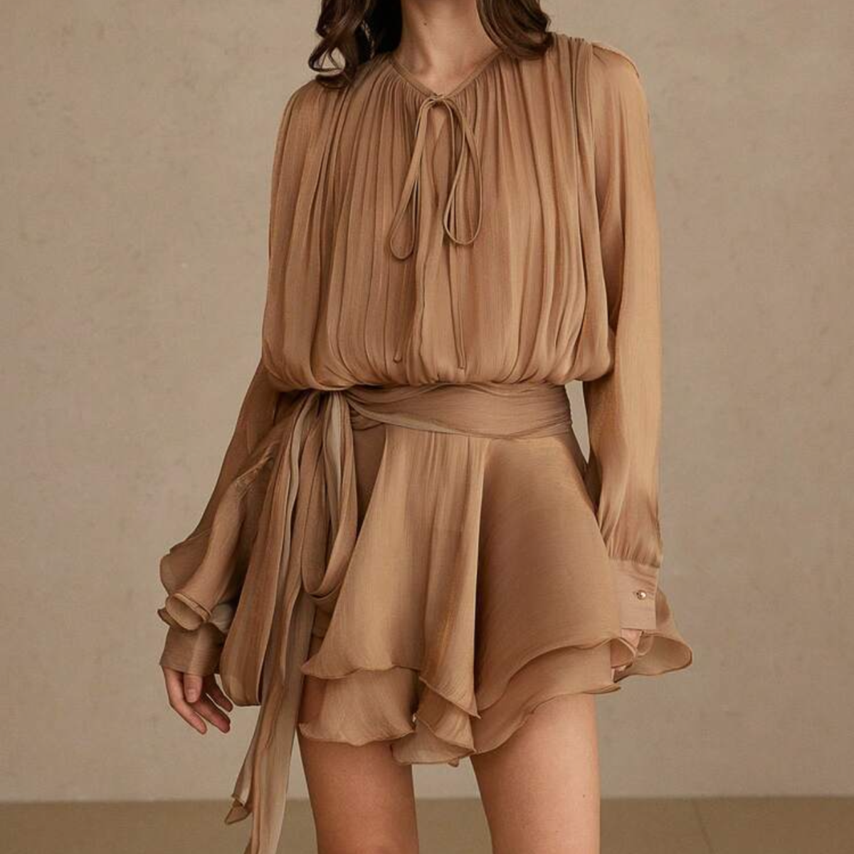 a model wearing the Aveloria Bronze Mesh Long Sleeve Mini Dress from Closet Concierge 