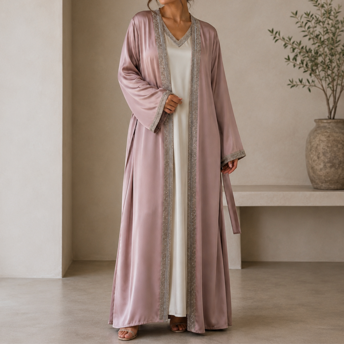 Pink Embellished Abaya Set