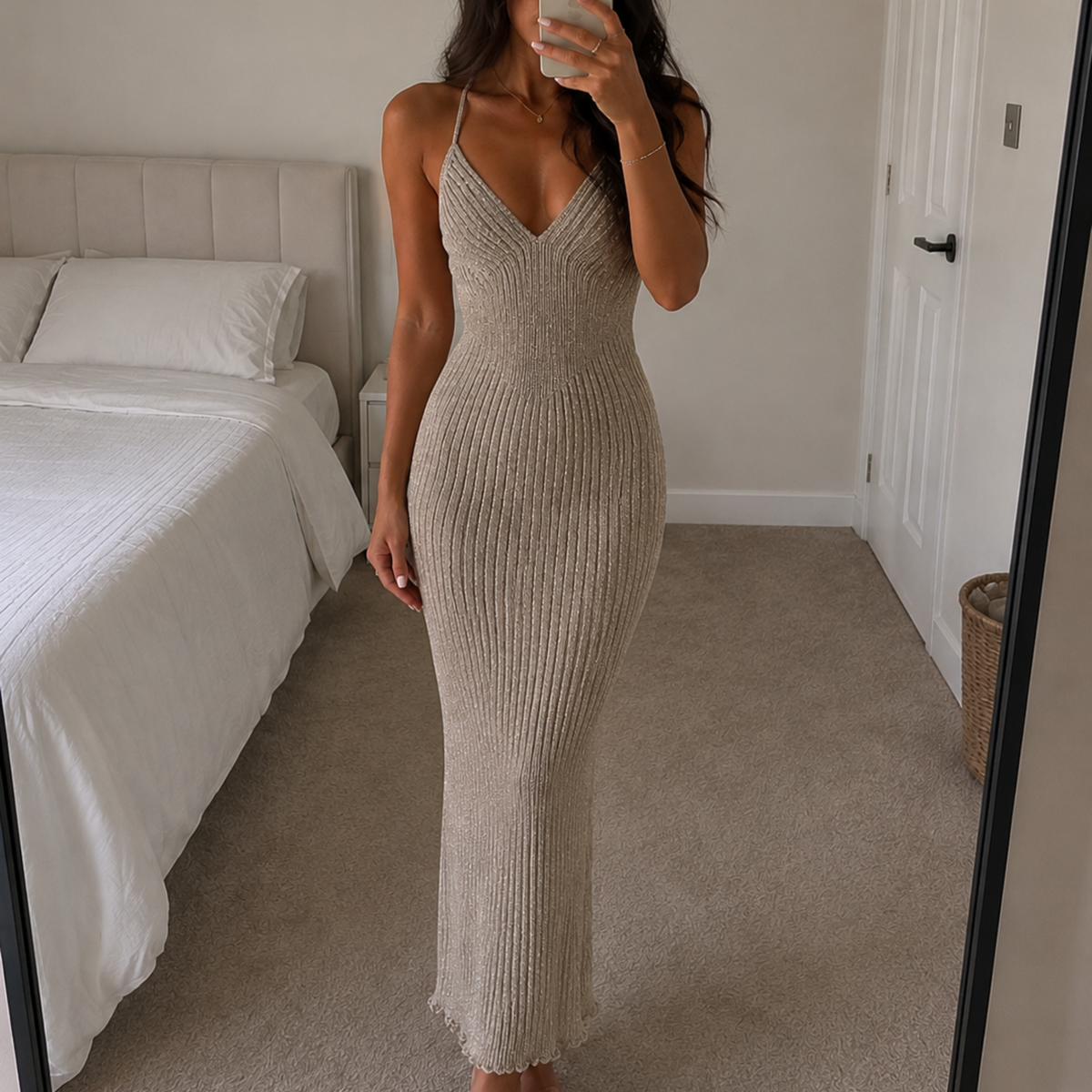 Gold Sparkly Backless Maxi Dress
