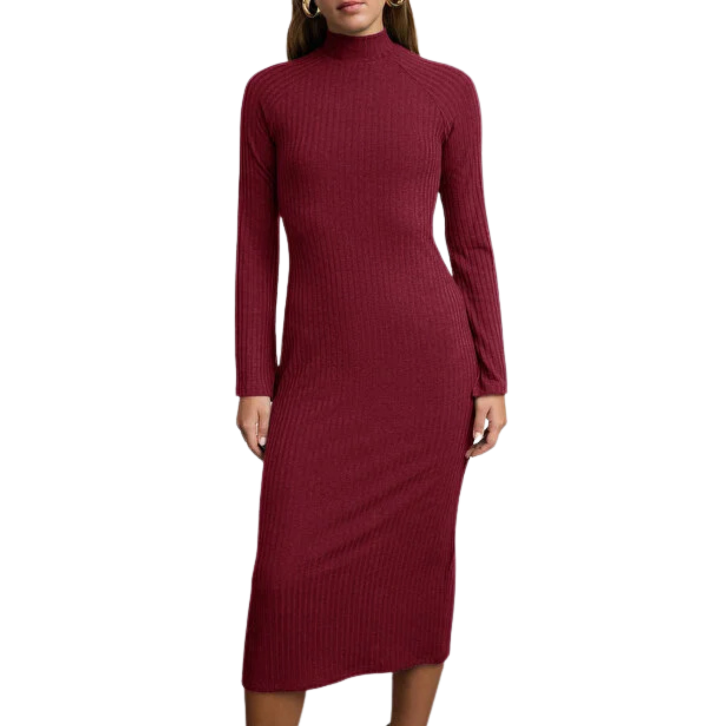 Red Ribbed Turtleneck Maxi Dress