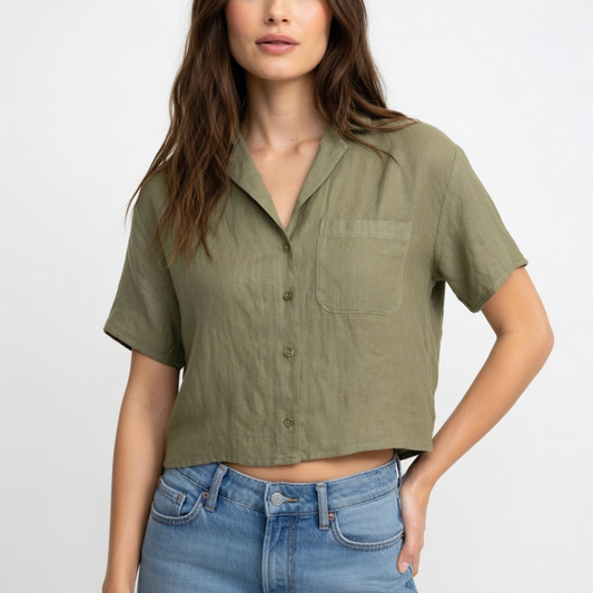 Stradivarius Green Short Sleeve Button Up Top