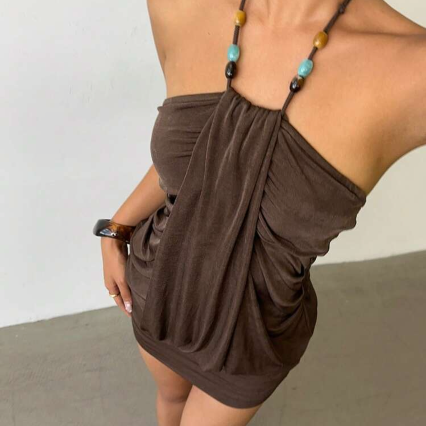 Brown Halterneck Beaded Mini Dress