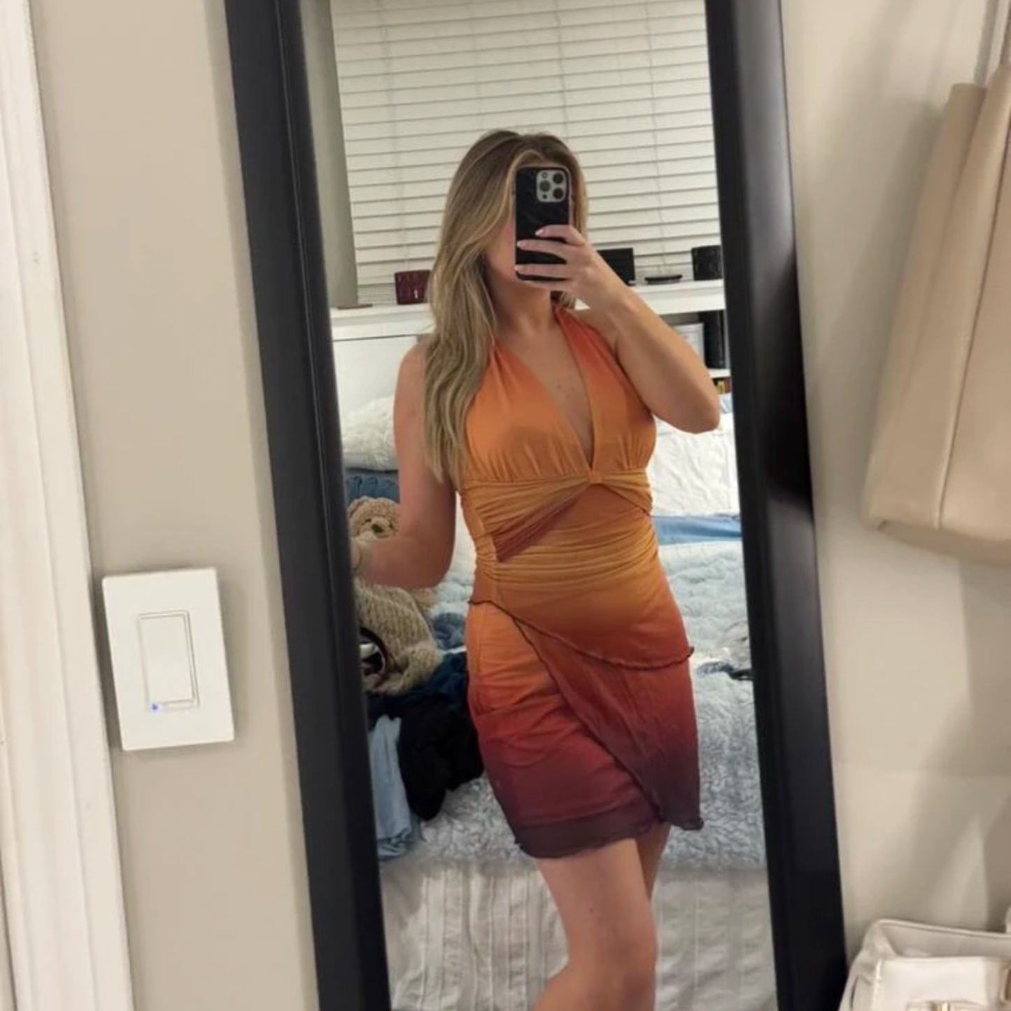 Orange Halterneck Deep V Mini Dress