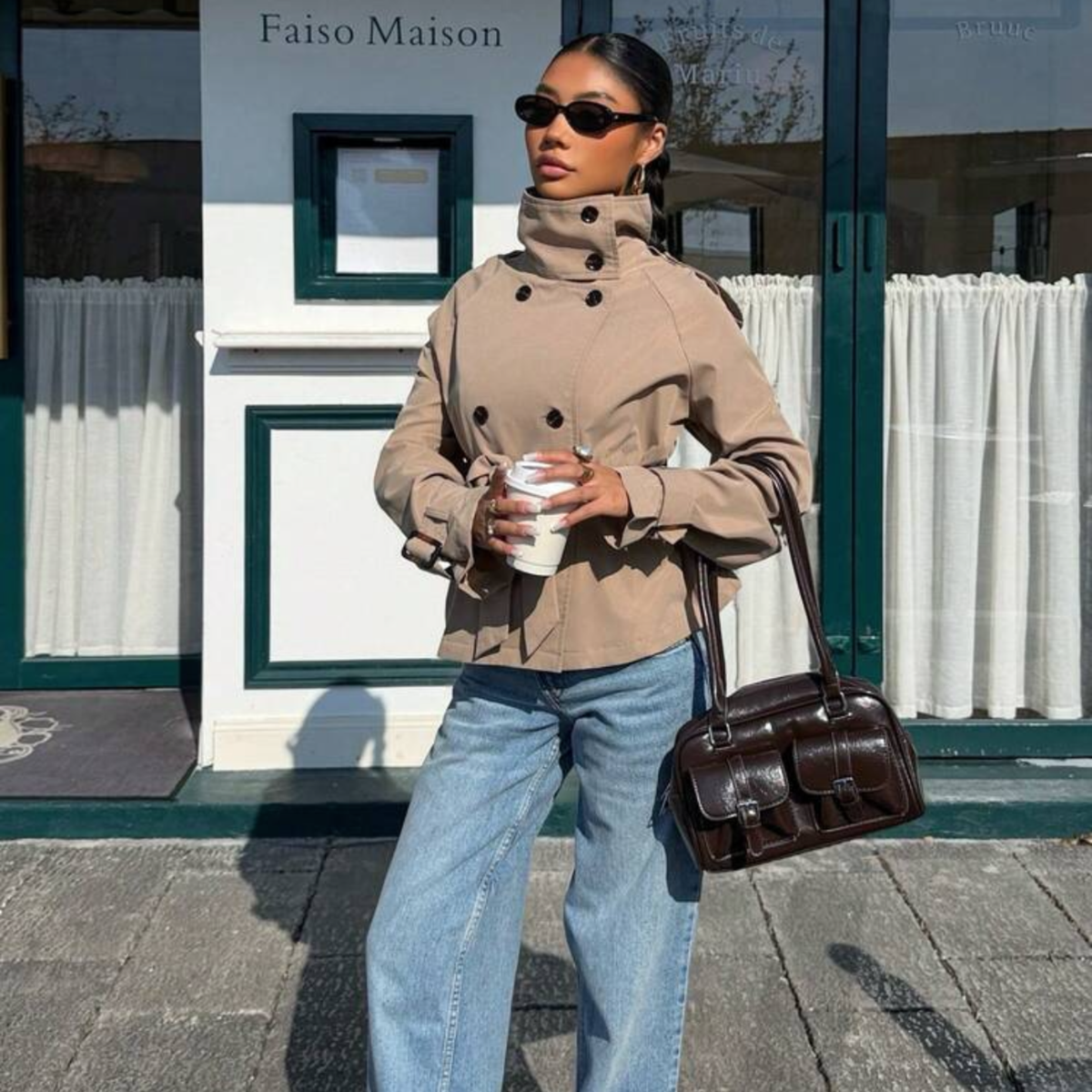a model wearing the Beige Belted Button Detail Jacket from Closet Concierge