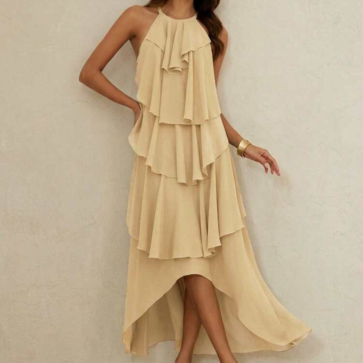 a model wearing the Beige Tiered Ruffle Midaxi Dress from Closet Concierge