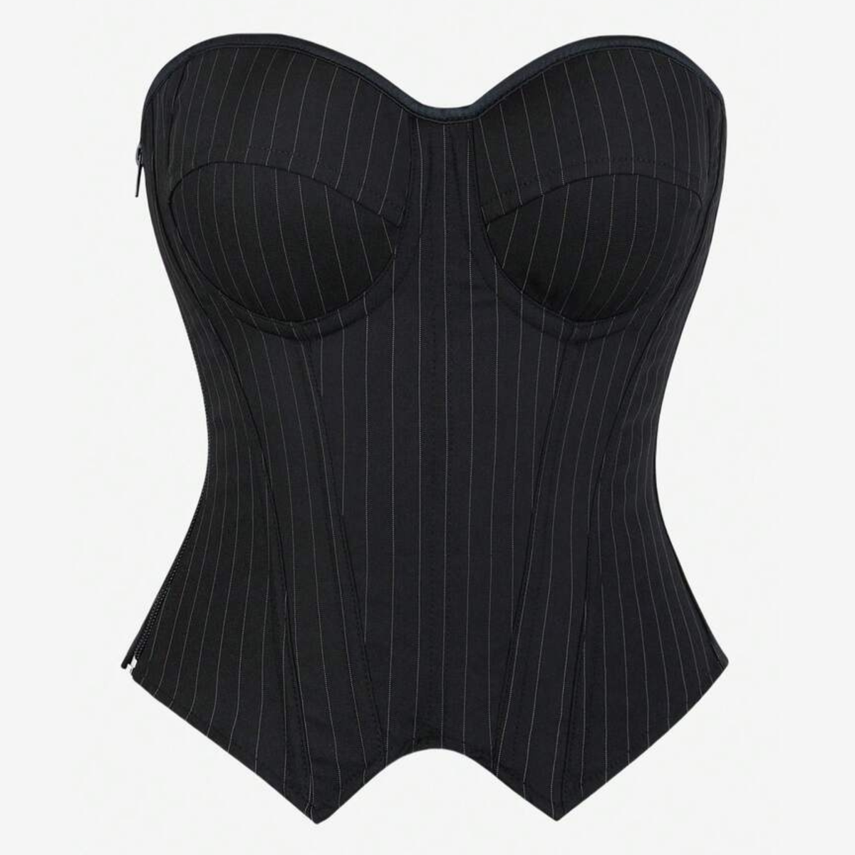 A black pinstripe corset bustier from Closet Concierge with structured cups and a tapered silhouette, shown against a plain white background.