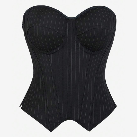 A black pinstripe corset bustier from Closet Concierge with structured cups and a tapered silhouette, shown against a plain white background.