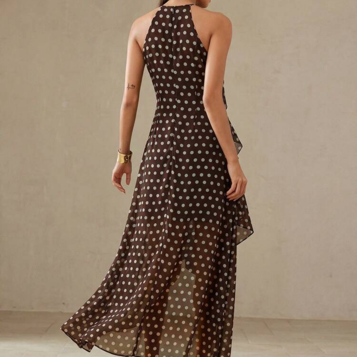 Brown Polka Dot Tiered Maxi Dress