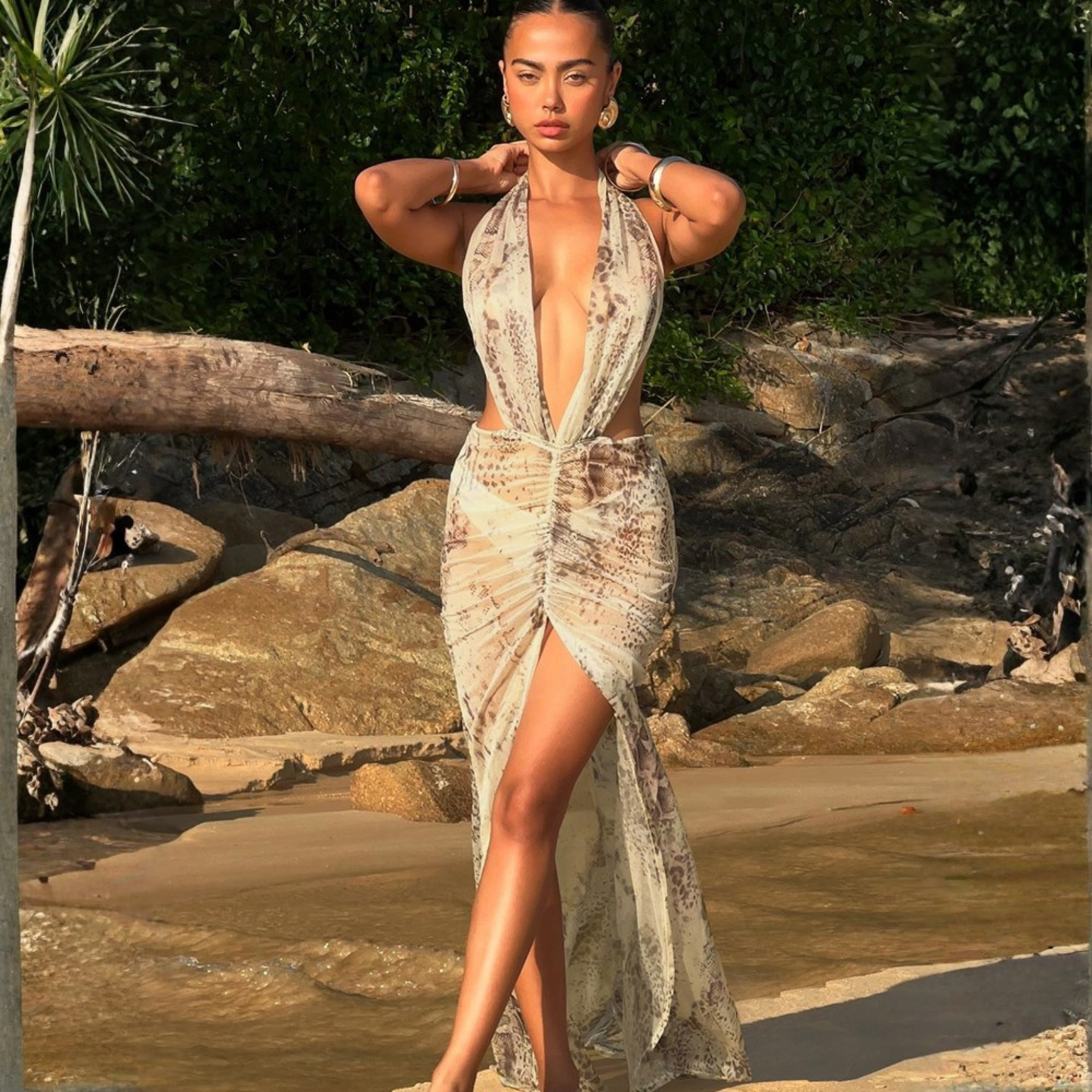 Haute Animal Print Mesh Halterneck Maxi Dress