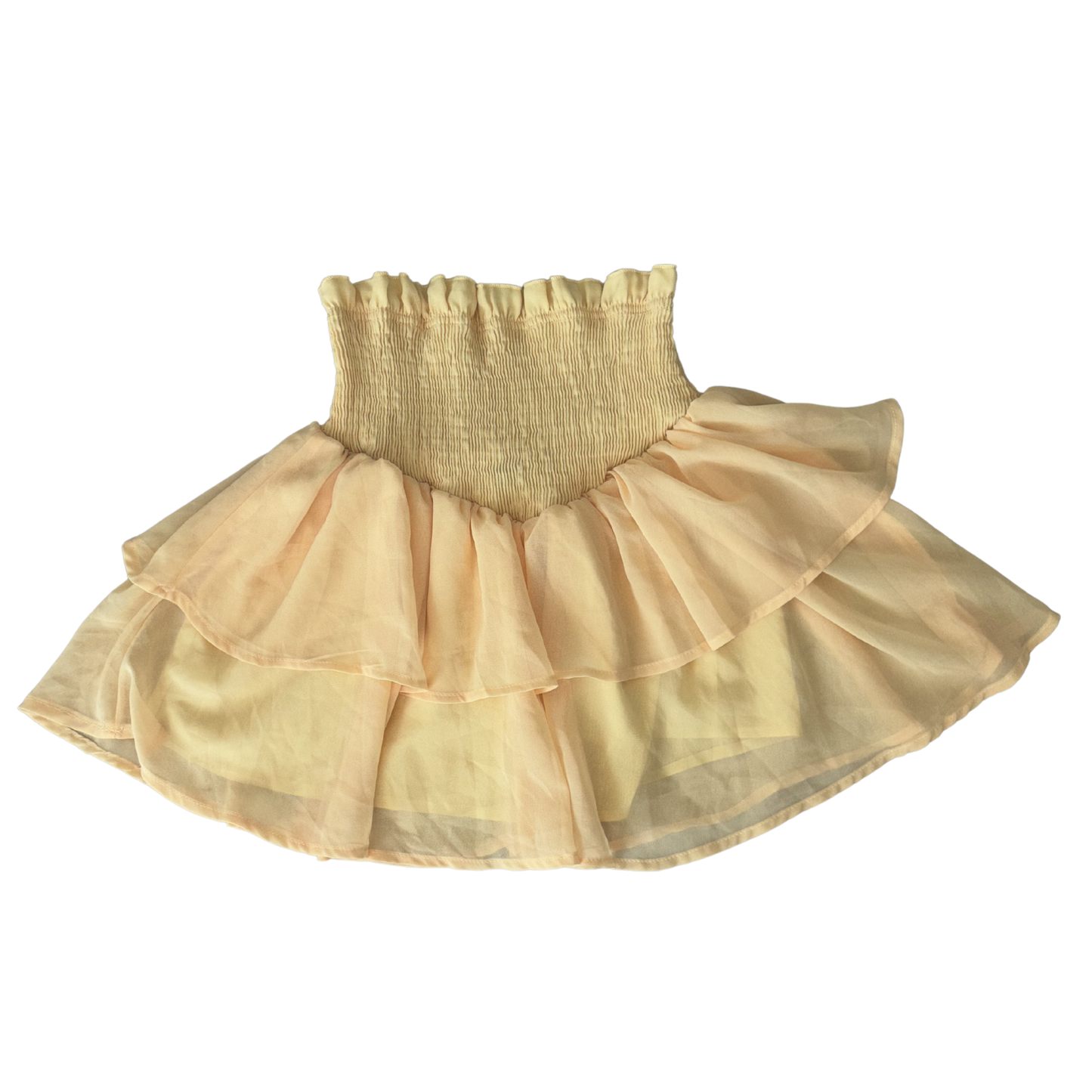 Yellow Ruched Flowy Mesh Mini Skirt