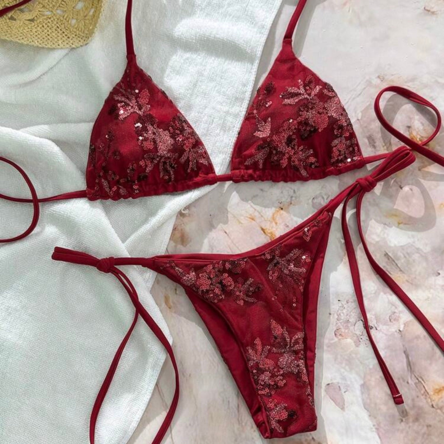 Dark Red Embroidered Bikini Set
