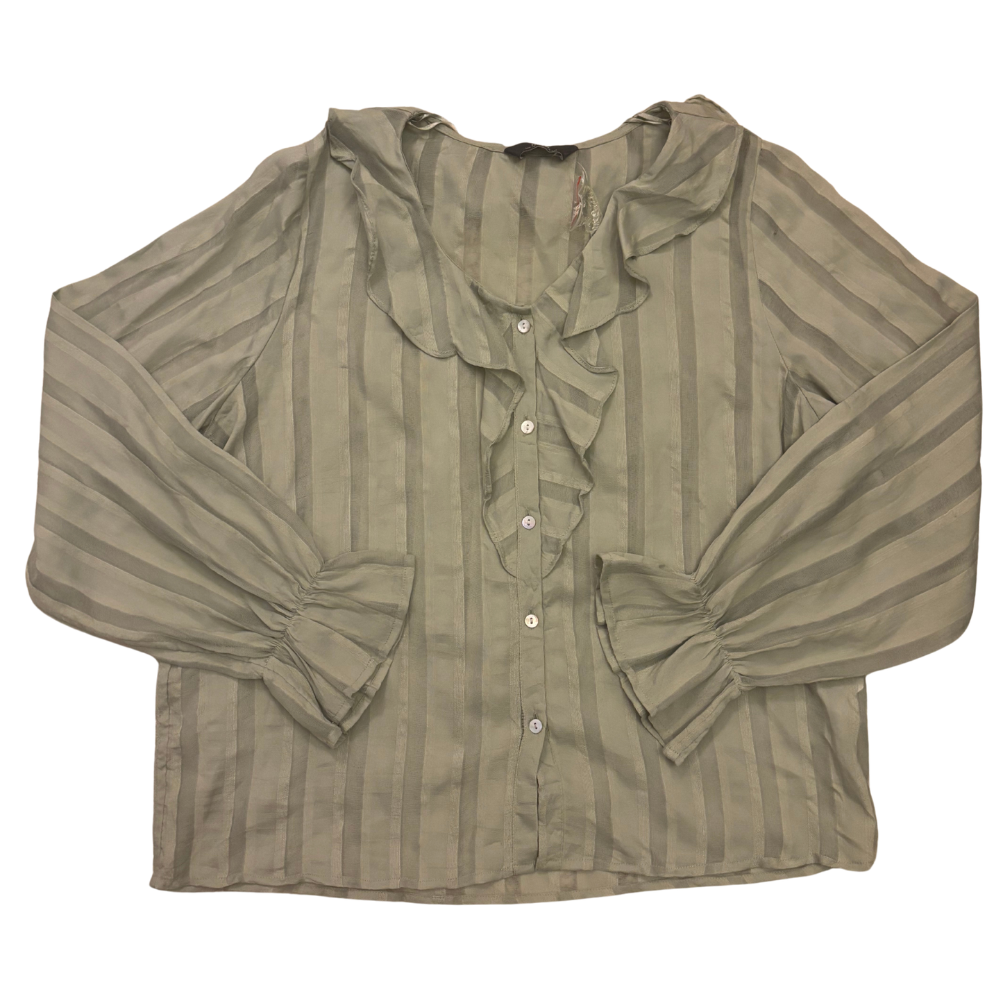 Green Striped Long Sleeve Ruffle Front Top