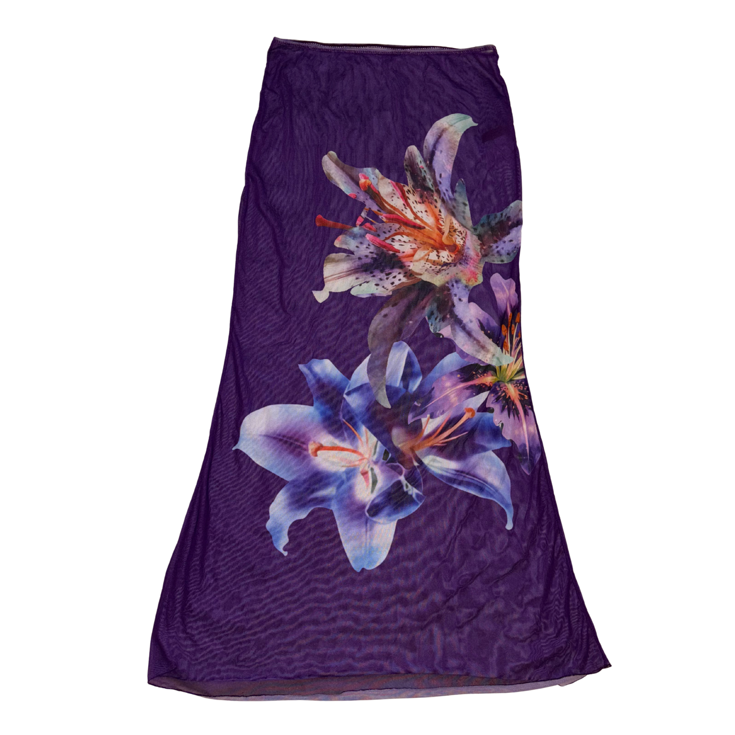 Purple Mesh Flower Print Maxi Skirt