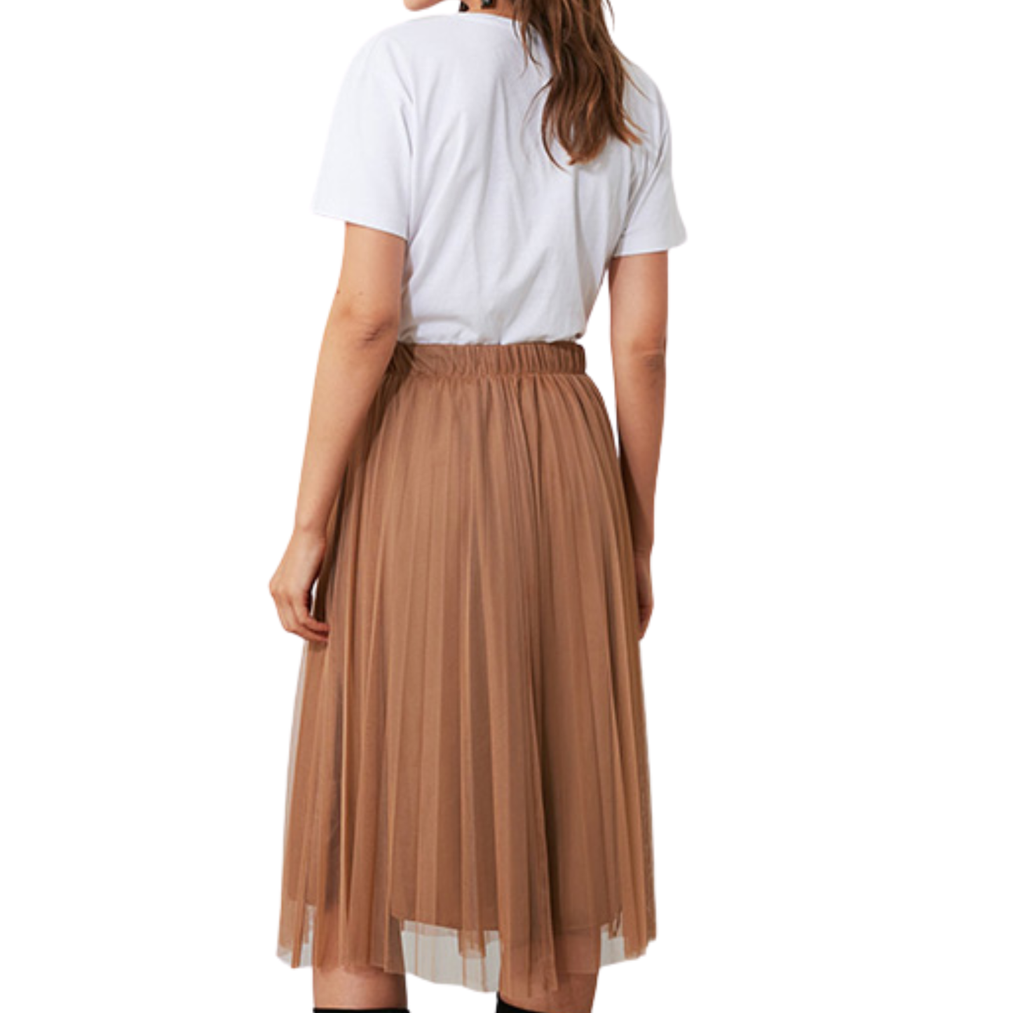 Tan Mesh Pleated Midi Skirt