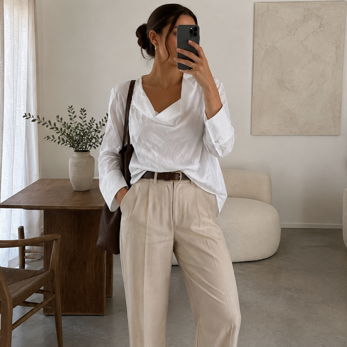a model wearing the C/MEO Cowl Neck White Shirt from Closet Concierge