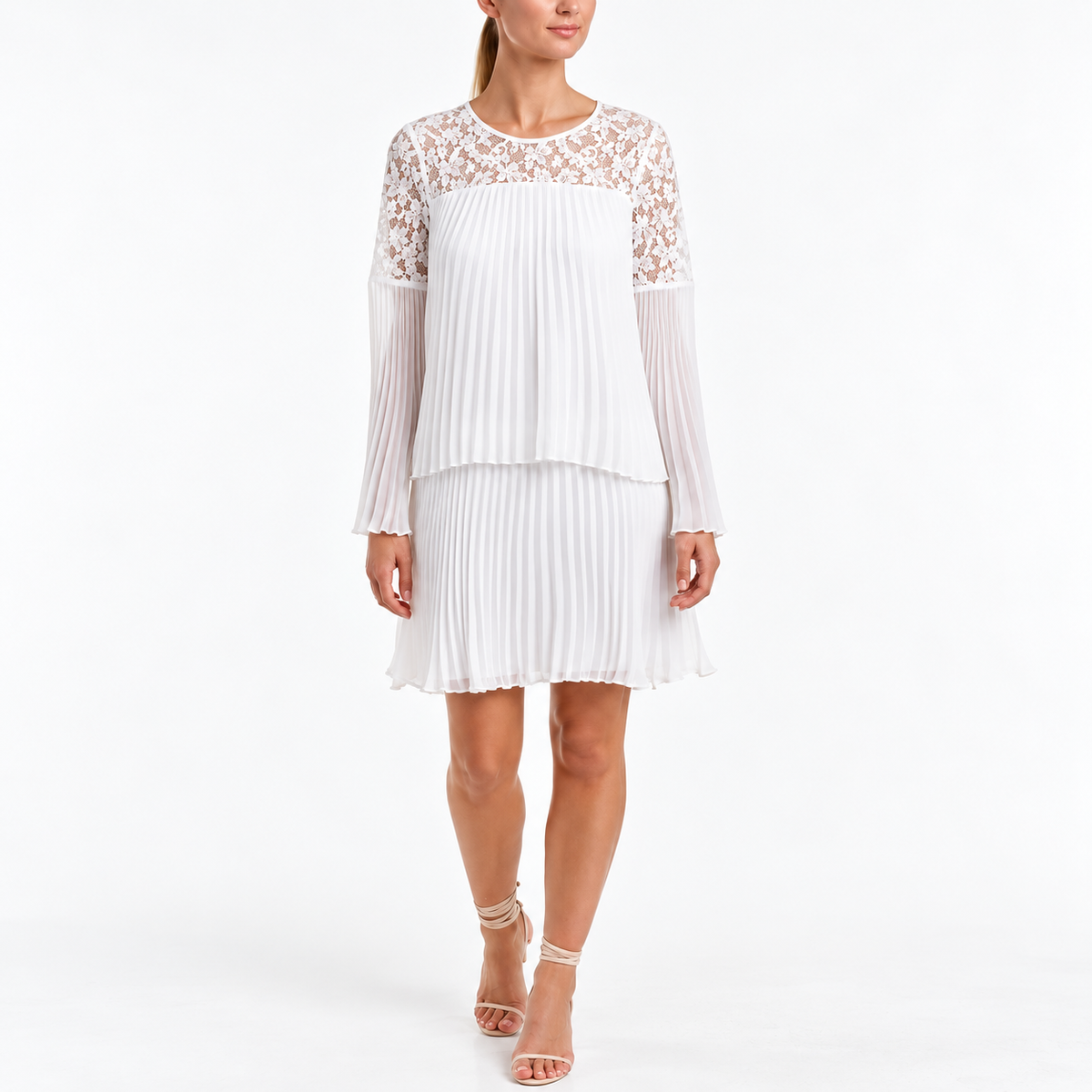 BCBGMaxazria White Lace Pleated Mini Dress