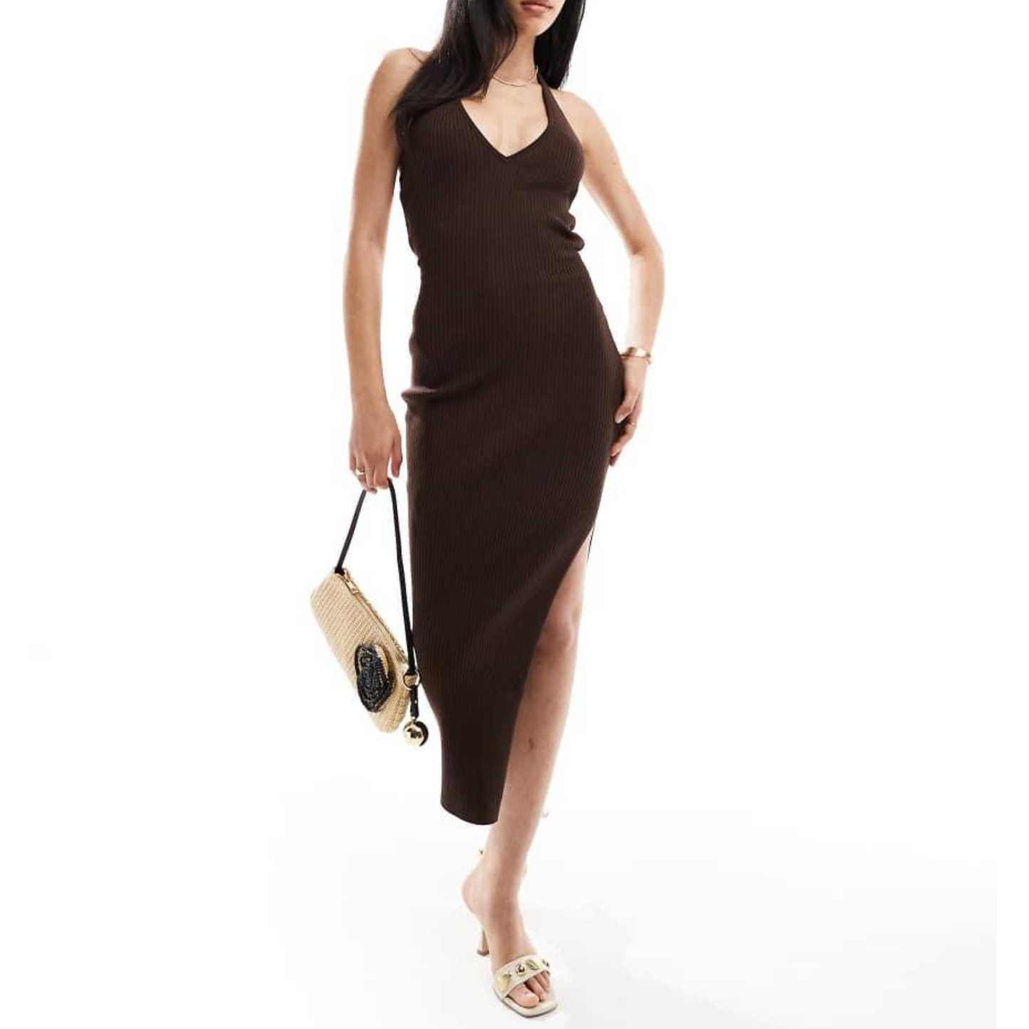 Bershka Brown Ribbed Halterneck Maxi Dress