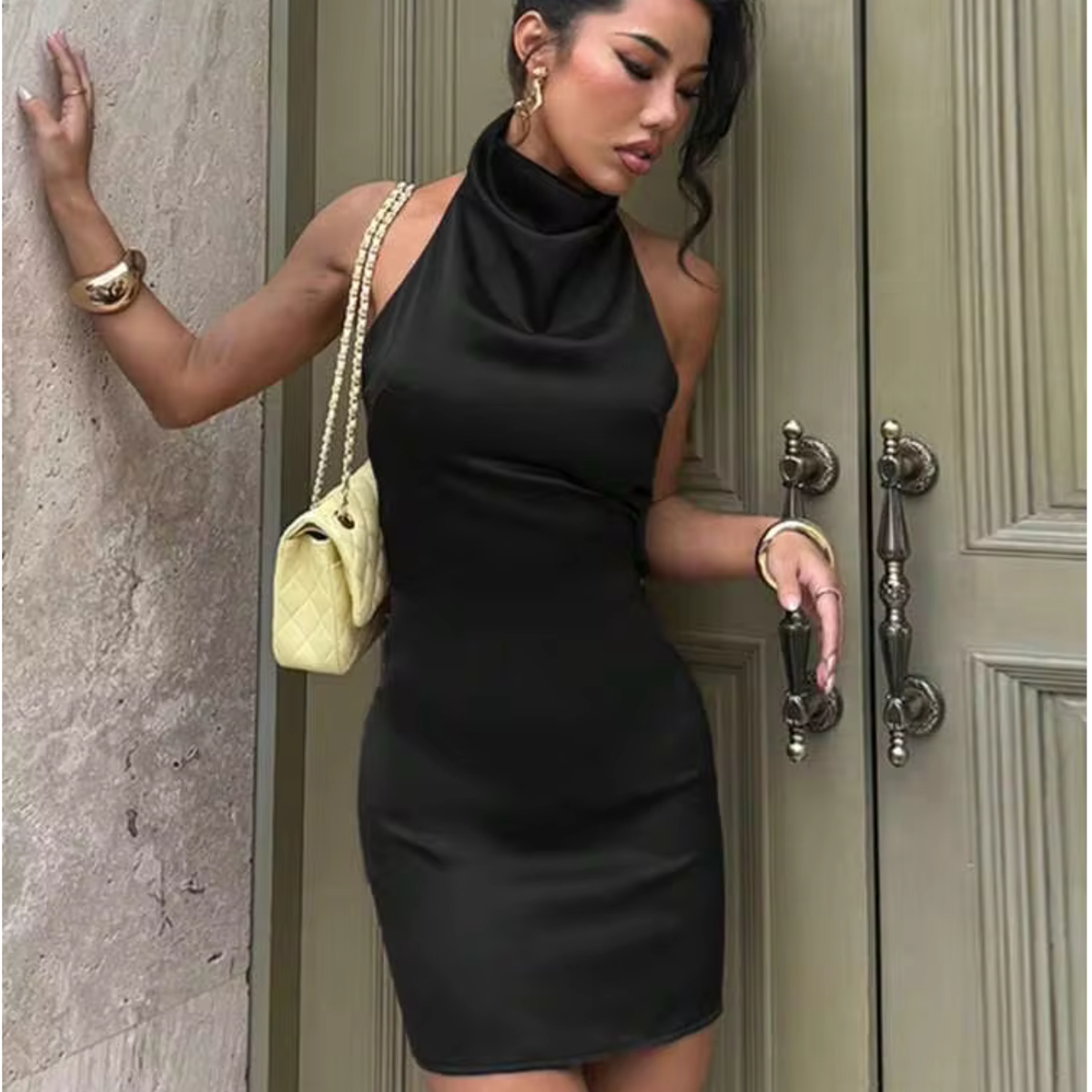 Black High Neck Satin Mini Dress