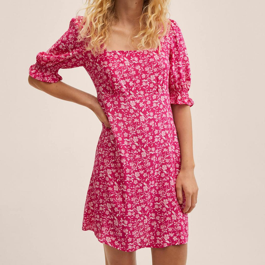 Mango Pink Floral Print Short Sleeve Mini Dress