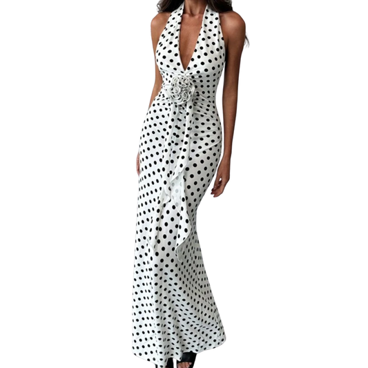 Polka Dot V Neck Maxi Dress