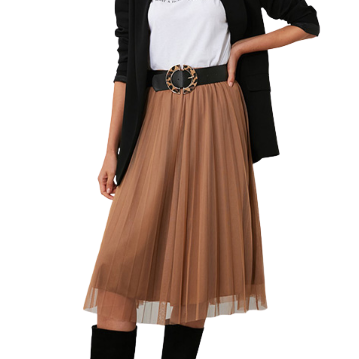 Tan Mesh Pleated Midi Skirt