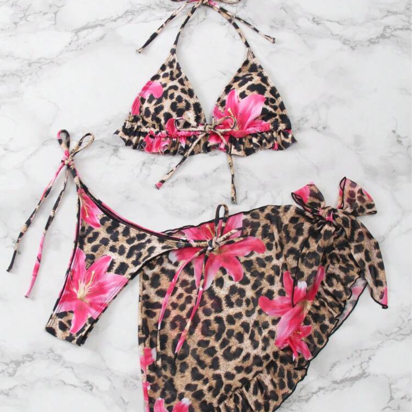 Leopard Print Flower Detail Bikini Set + Sarong