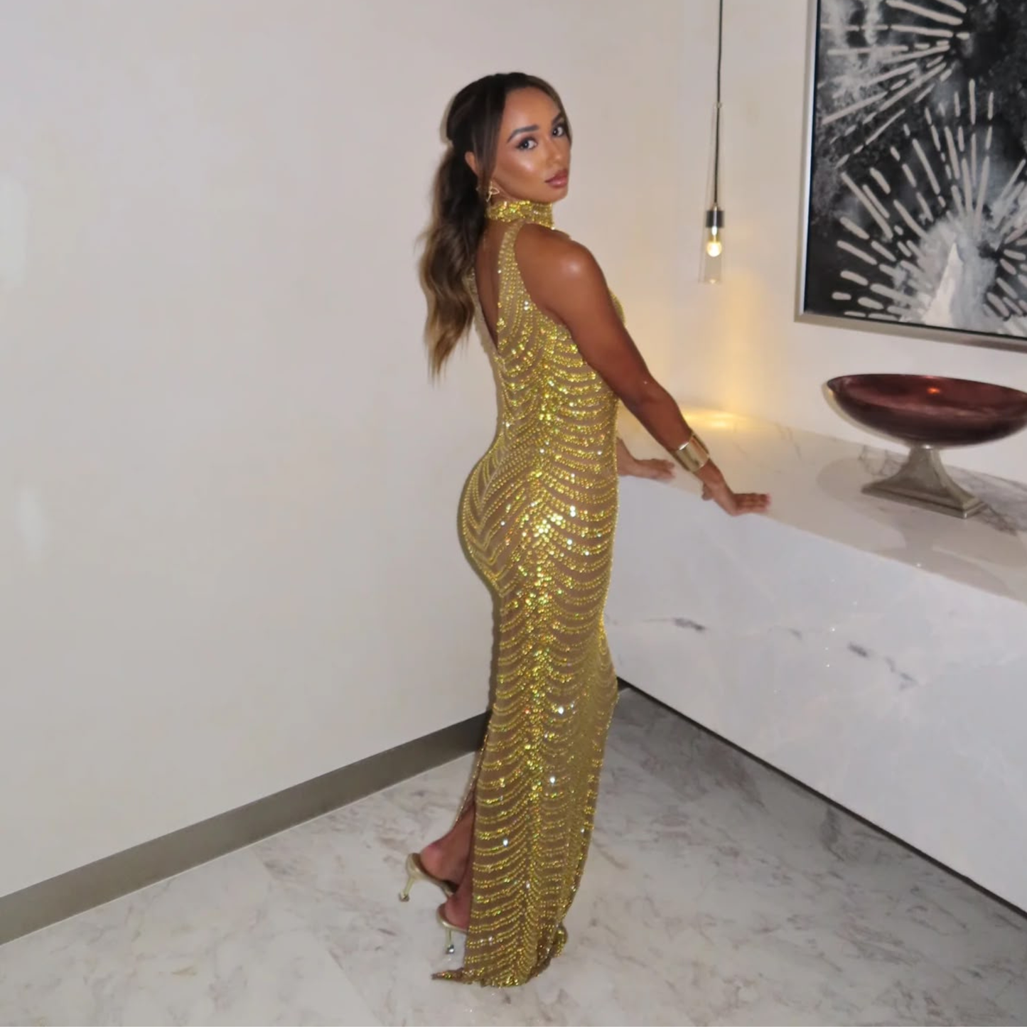 Iremoss ‘Gal’ Gold Embellished High Neck Maxi Dress