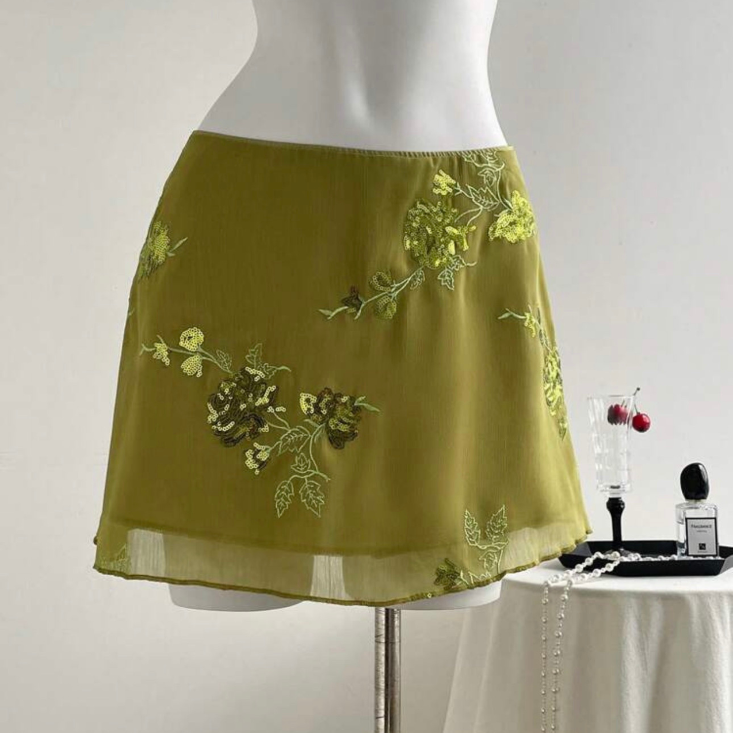 Green Sequin Floral Mini Skirt