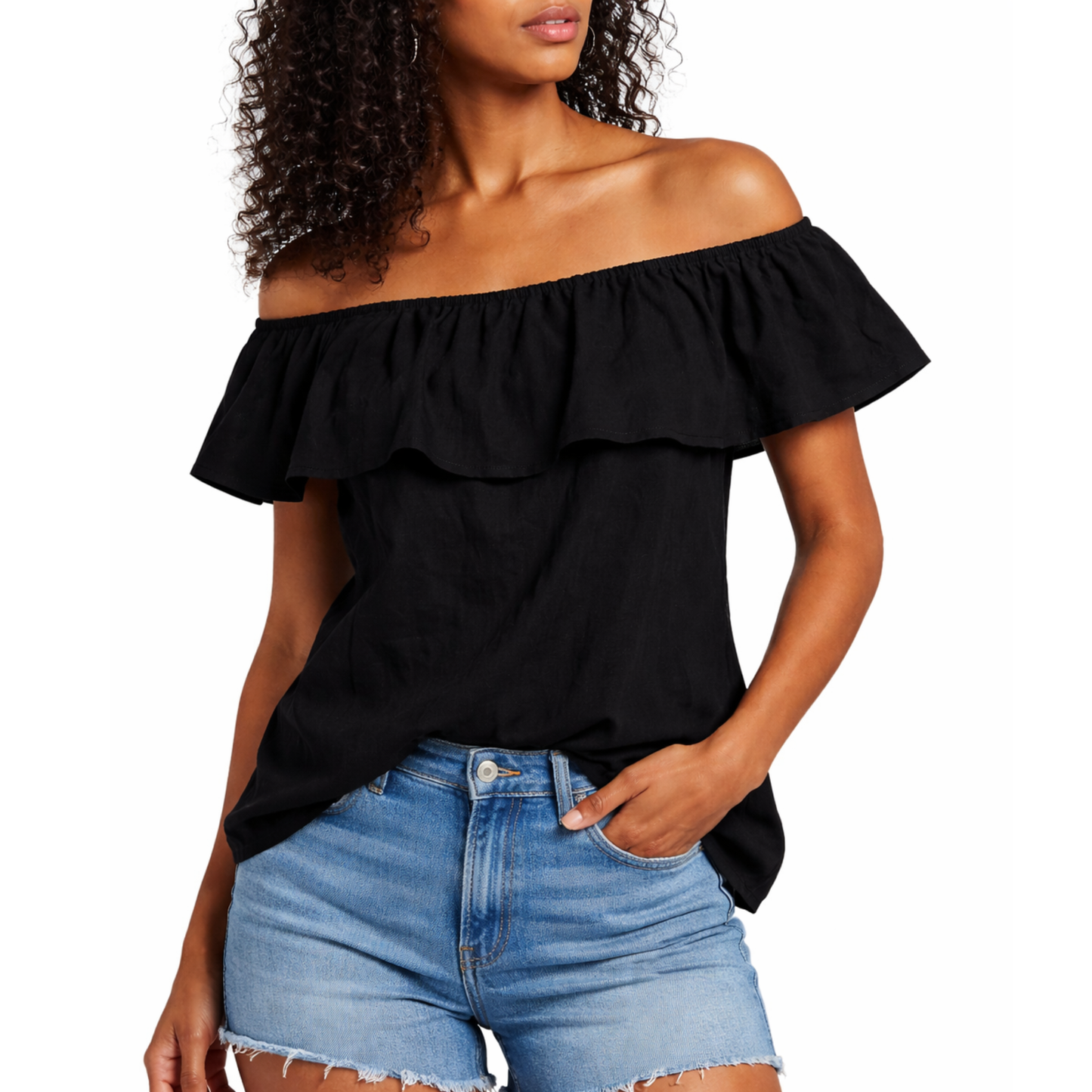 White Label Black Linen Off Shoulder Top