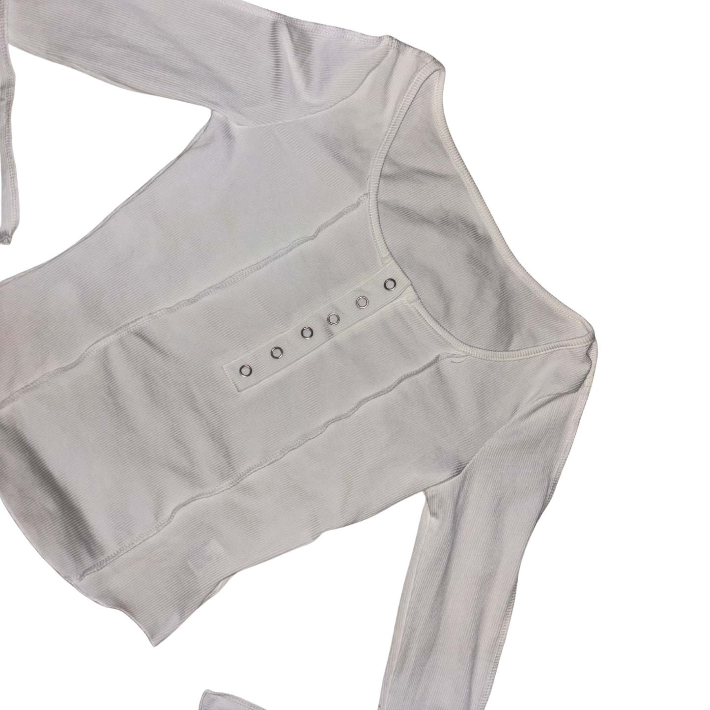 White Ribbed Long Sleeve Button Up Top