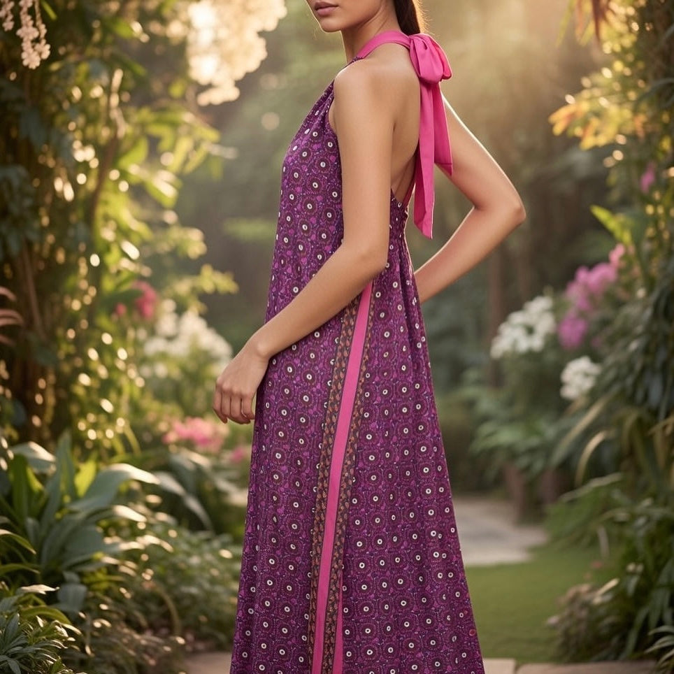 Fullah Sugah Pink Abstract Halter Neck Maxi Dress
