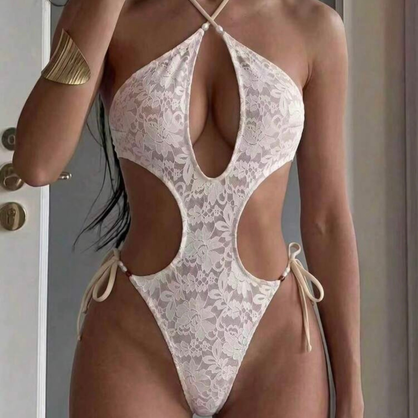 White Lace Cut Out Swimsuit