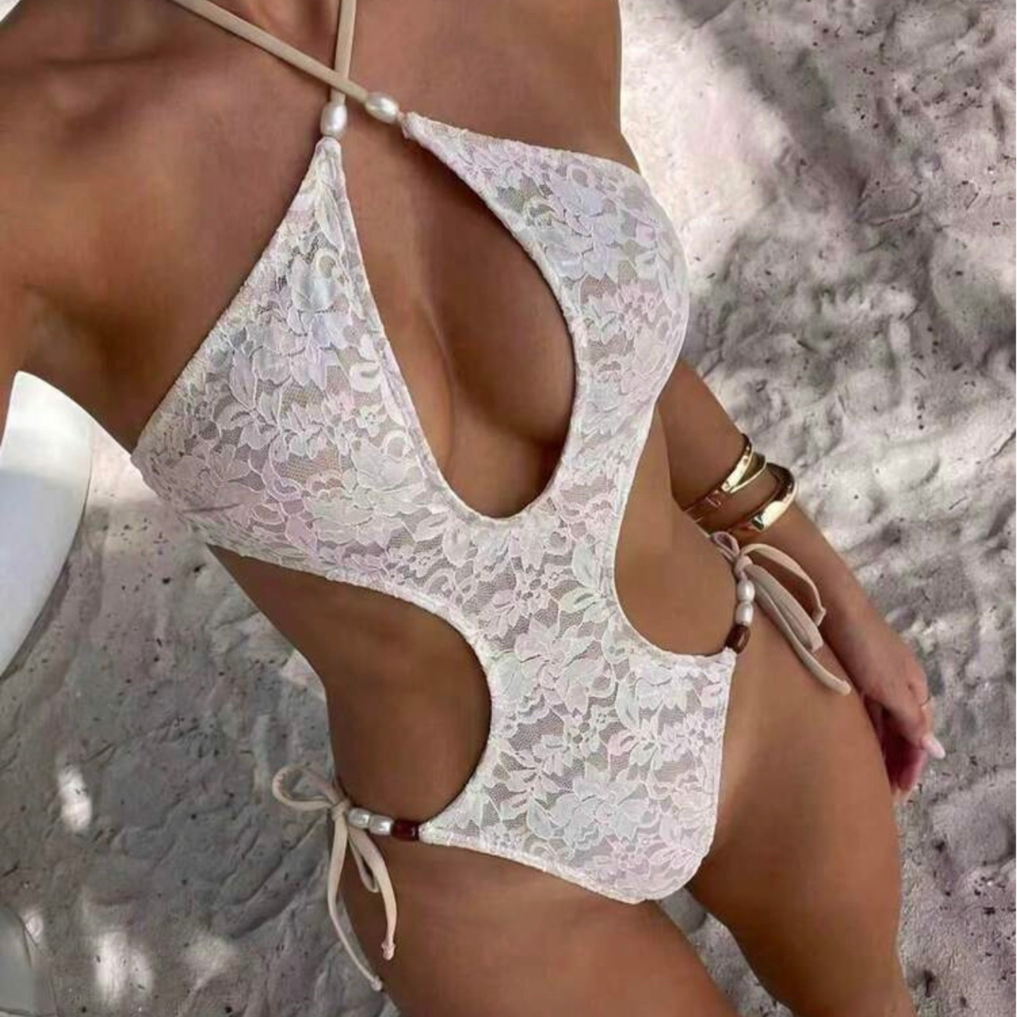 White Lace Cut Out Swimsuit