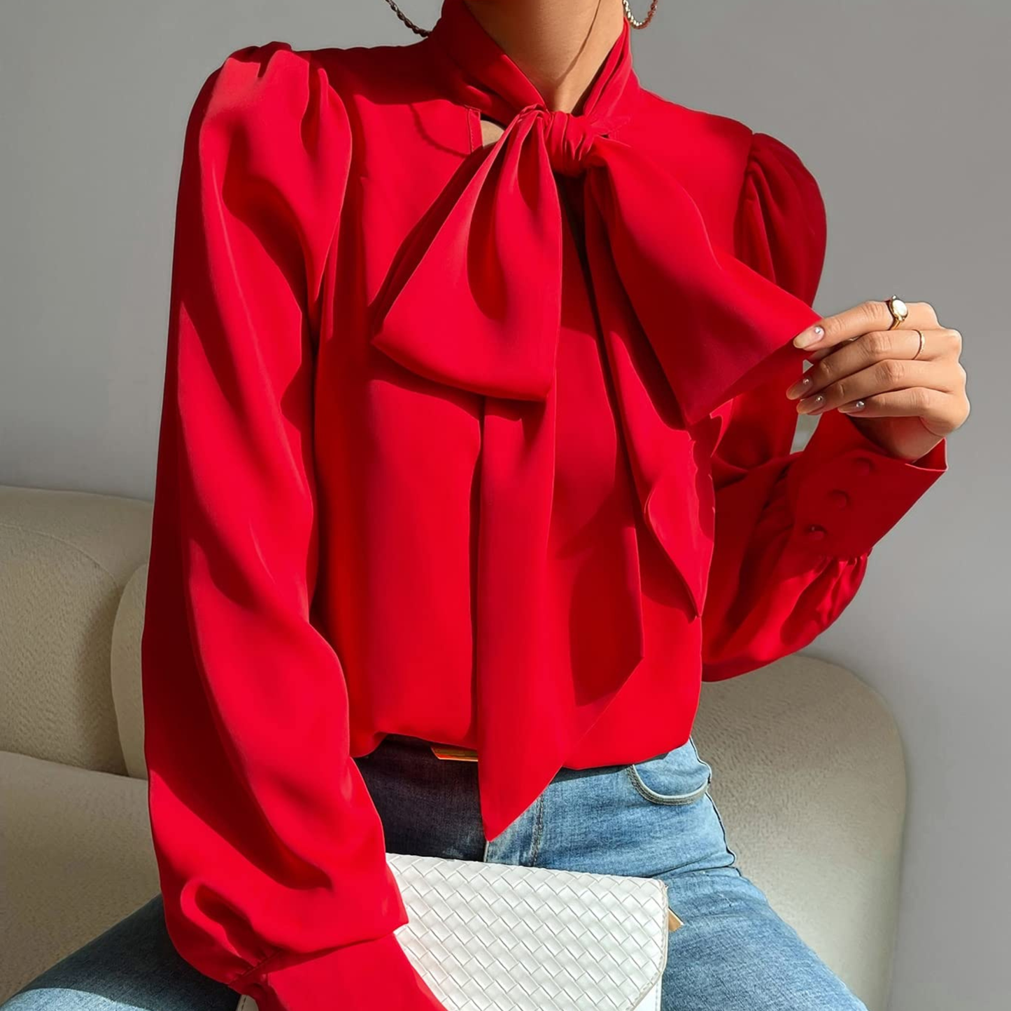 Red Long Sleeve Bow Tie Top