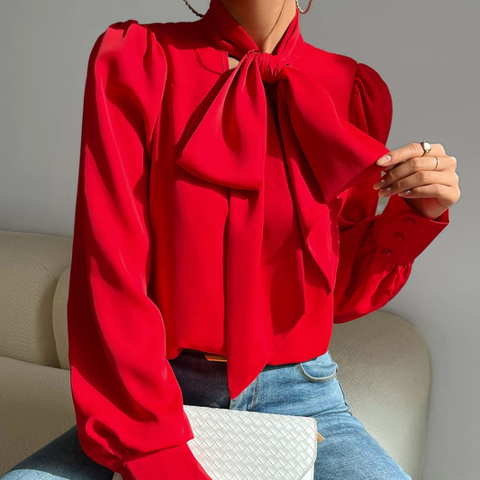 Red Long Sleeve Bow Tie Top