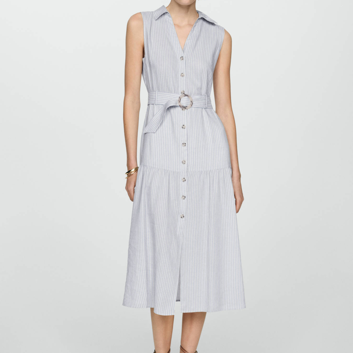 Mango Blue Collared Striped Midi Dress