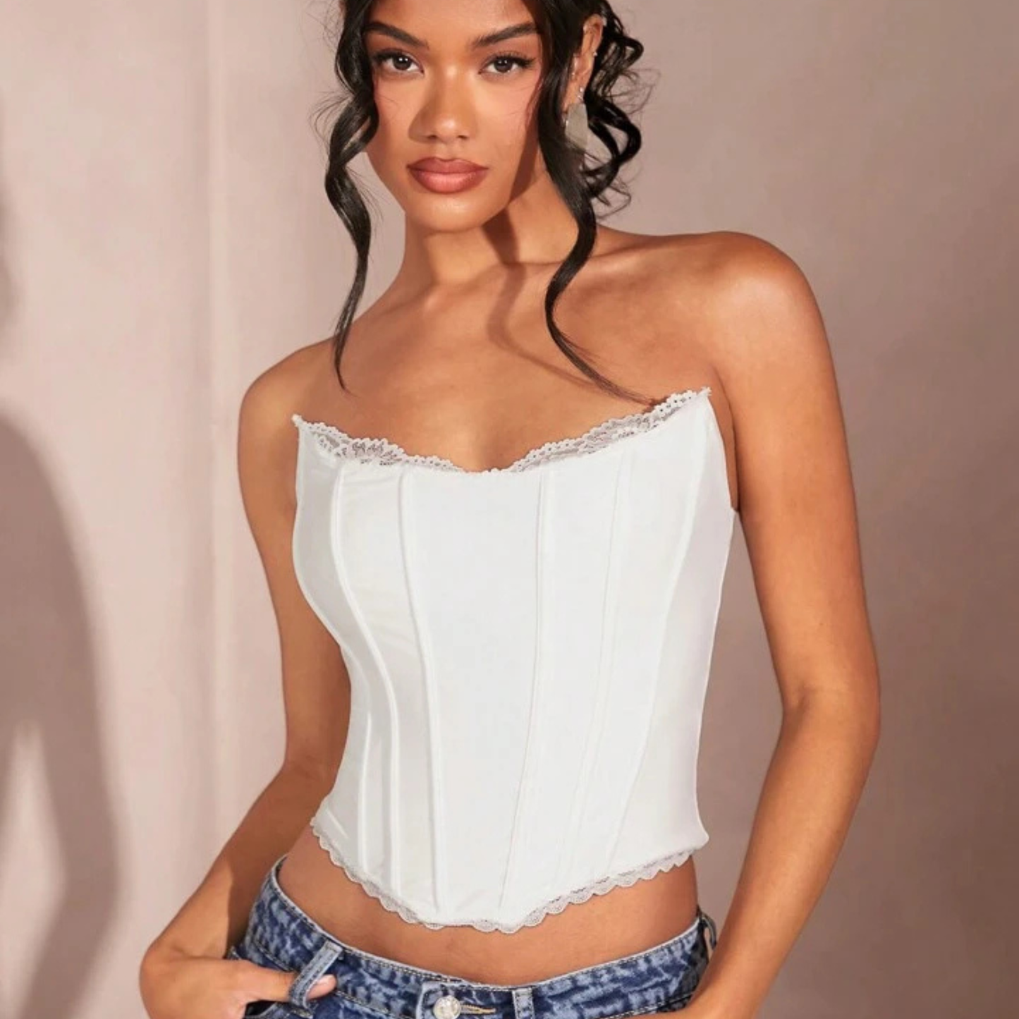 White Corset Top With Lace Trim
