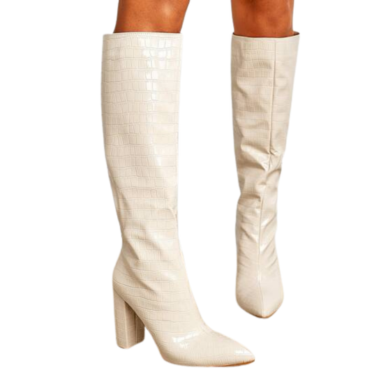 Cream Knee High Faux Leather Boots