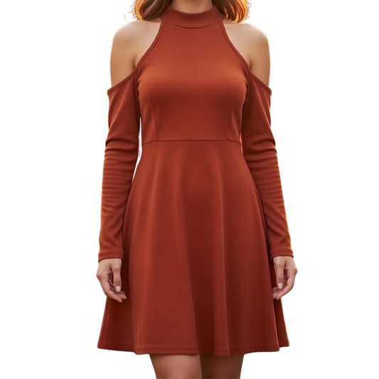 Brown Ribbed Halterneck Dress