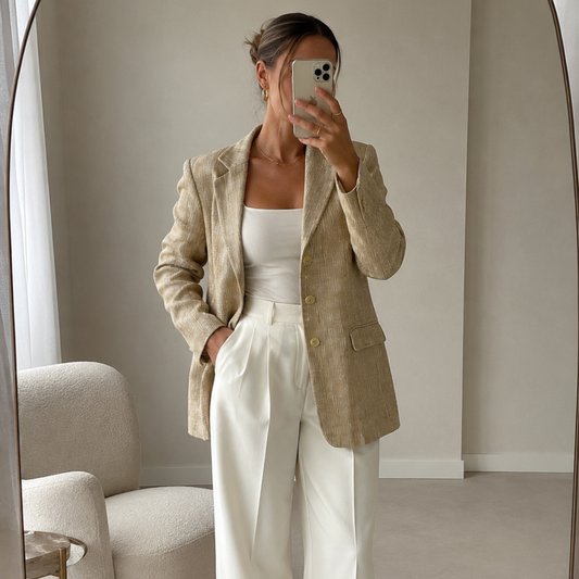A model wearing the LB Collection Pale Yellow Blazer from Closet Concierge