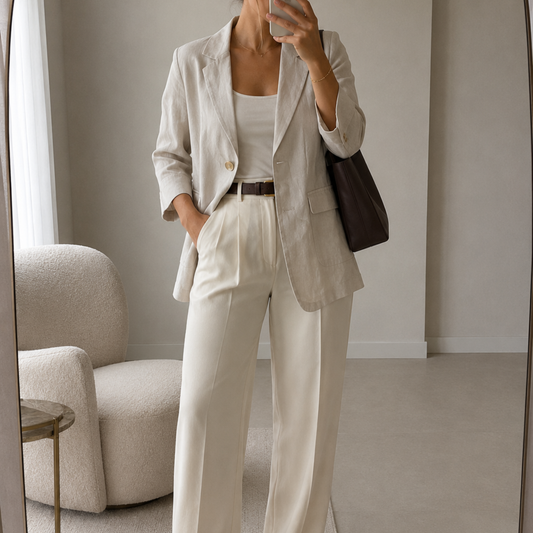 a model wearing the Max Mara Beige Linen Blazer from Closet Concierge