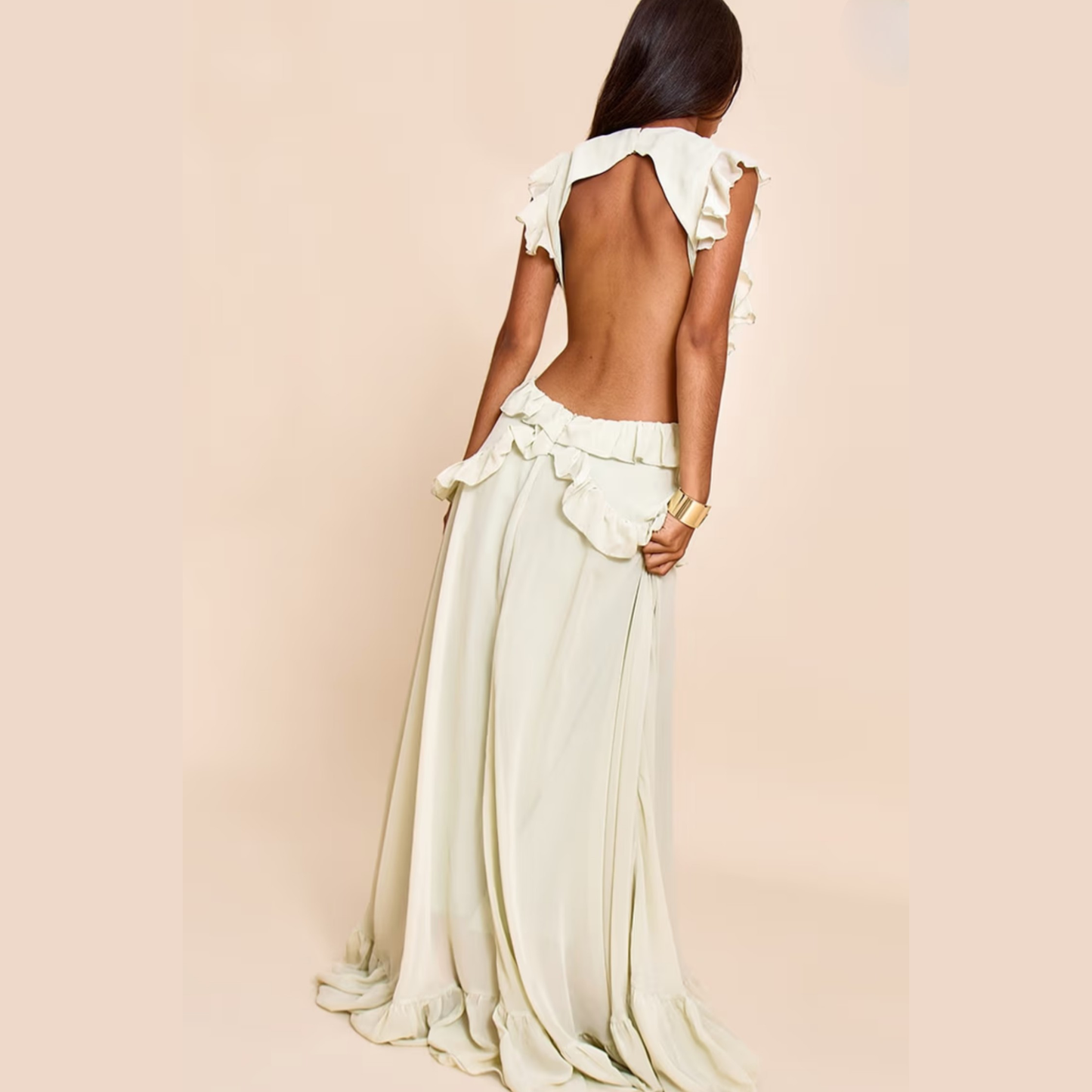 PLT sage frill maxi dress from closet concierge from the back on a model