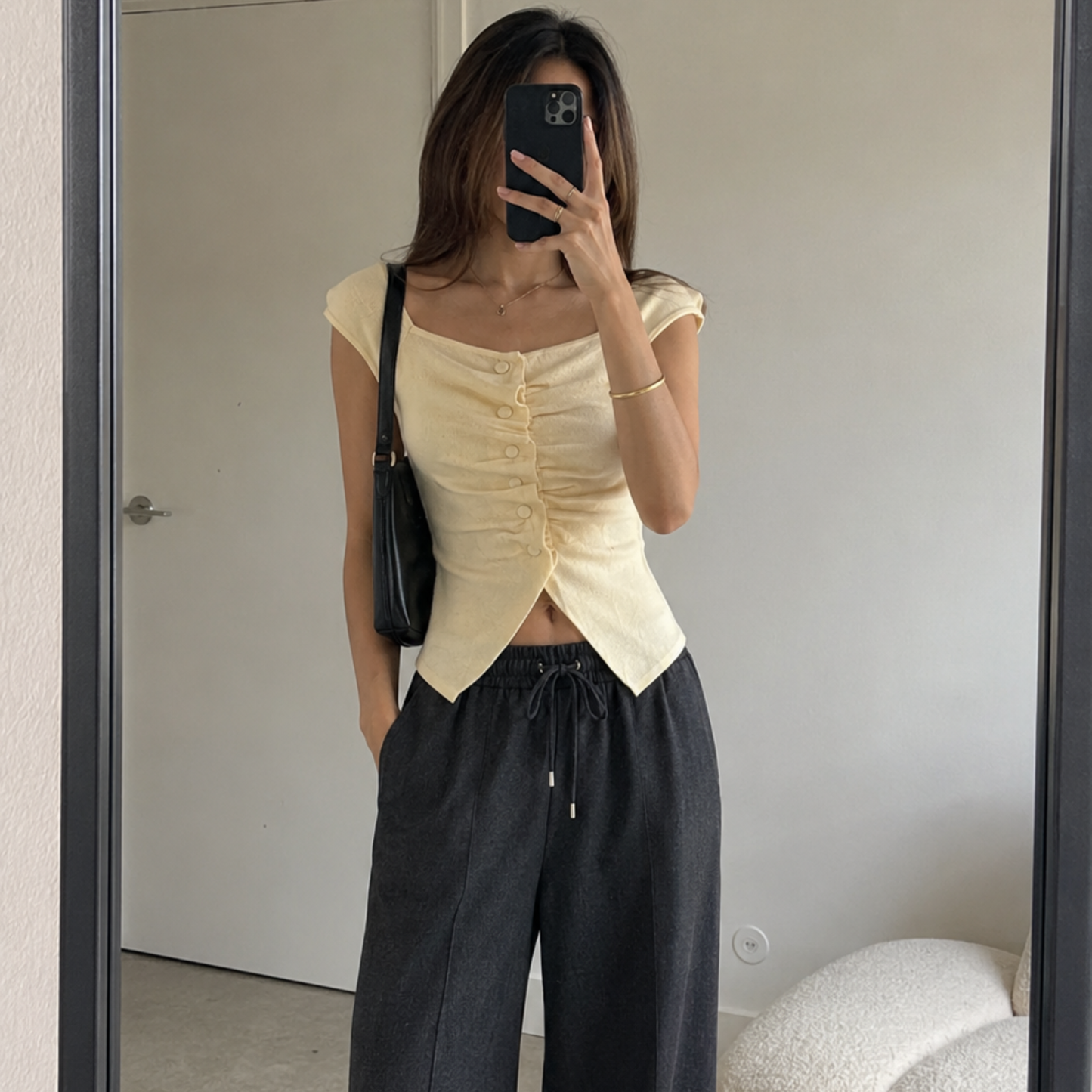 Zara Cream Button Up Ruched Top