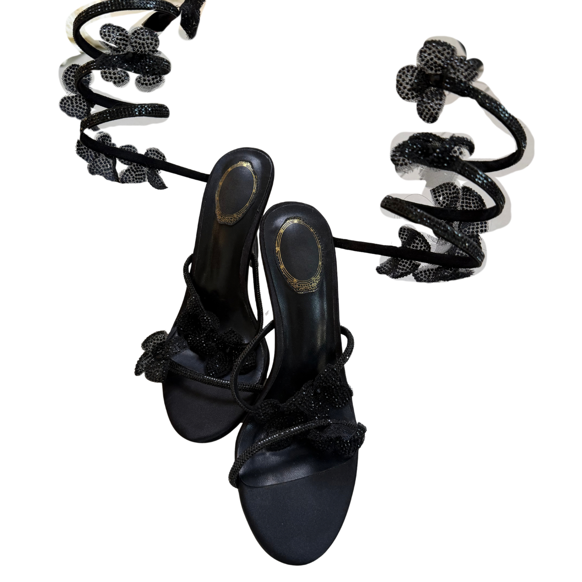 Black Floral Wrap Heels With Sparkle Sole