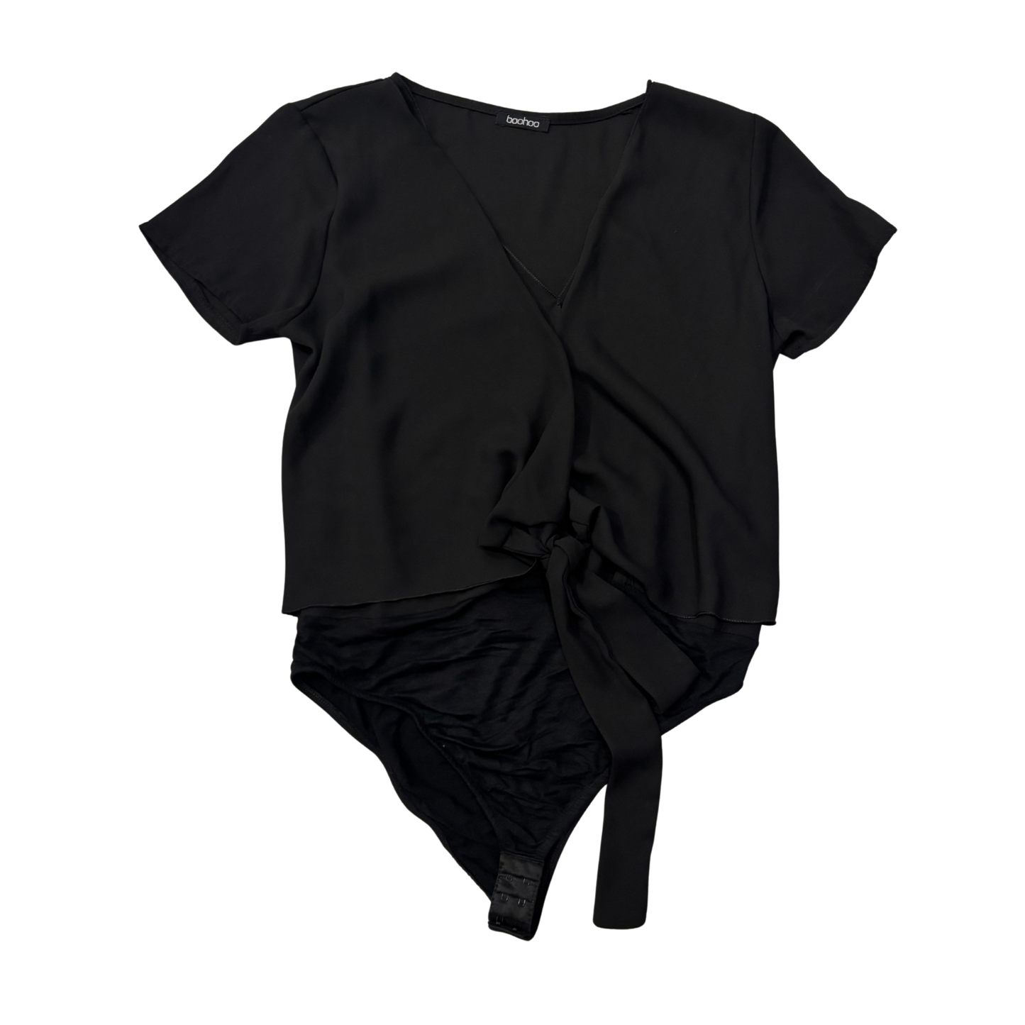 Boohoo Black Tie Front Satin Bodysuit