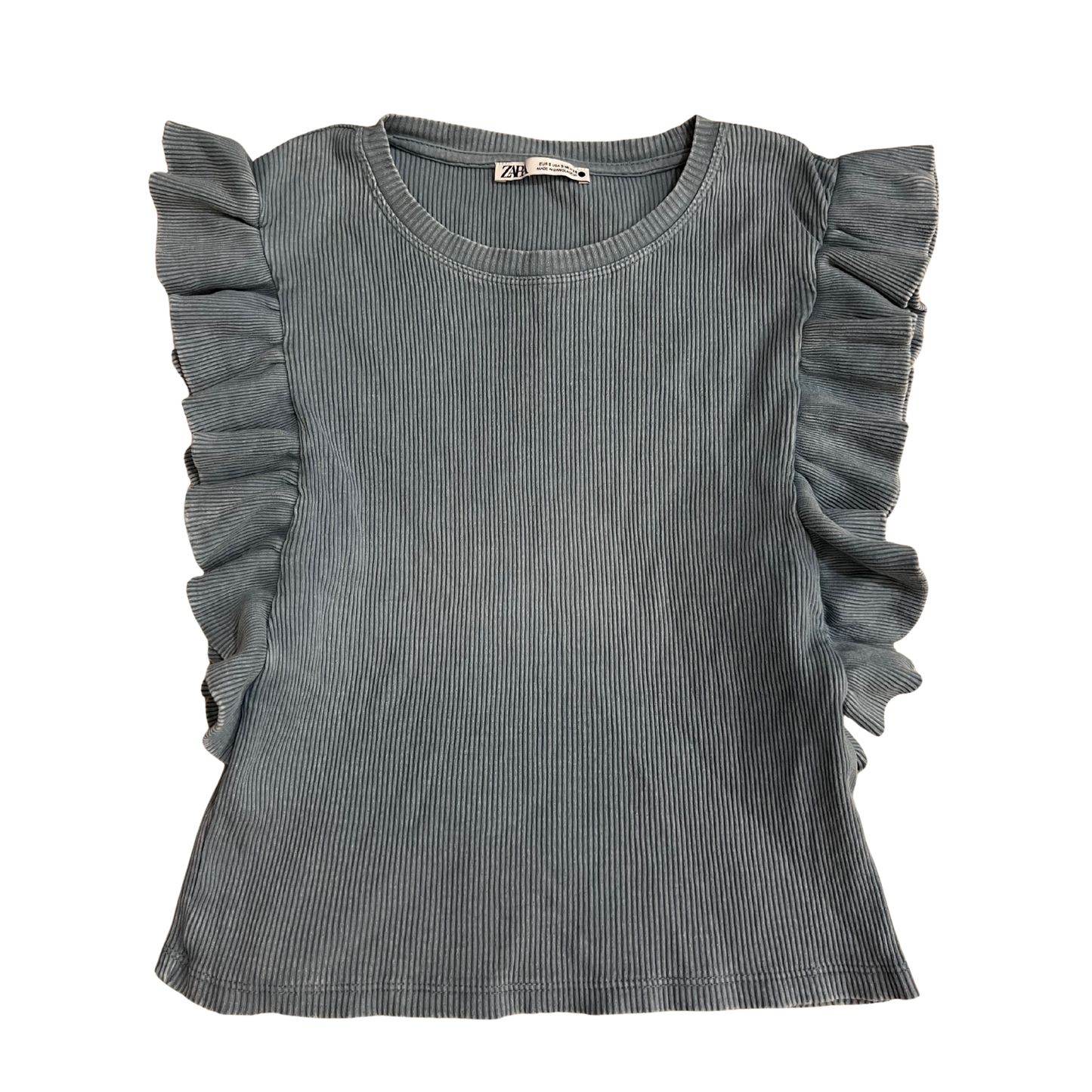 Zara Blue Ribbed Ruffle Sleeve Top