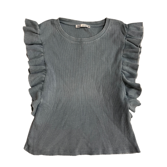 Zara Blue Ribbed Ruffle Sleeve Top